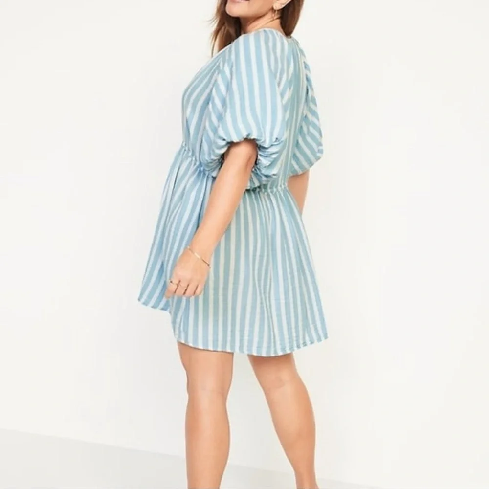 Old Navy Waist-Defined Puff-Sleeve Stripe Gauze Mini Shirt Dress size LTall NWT - Picture 2 of 10
